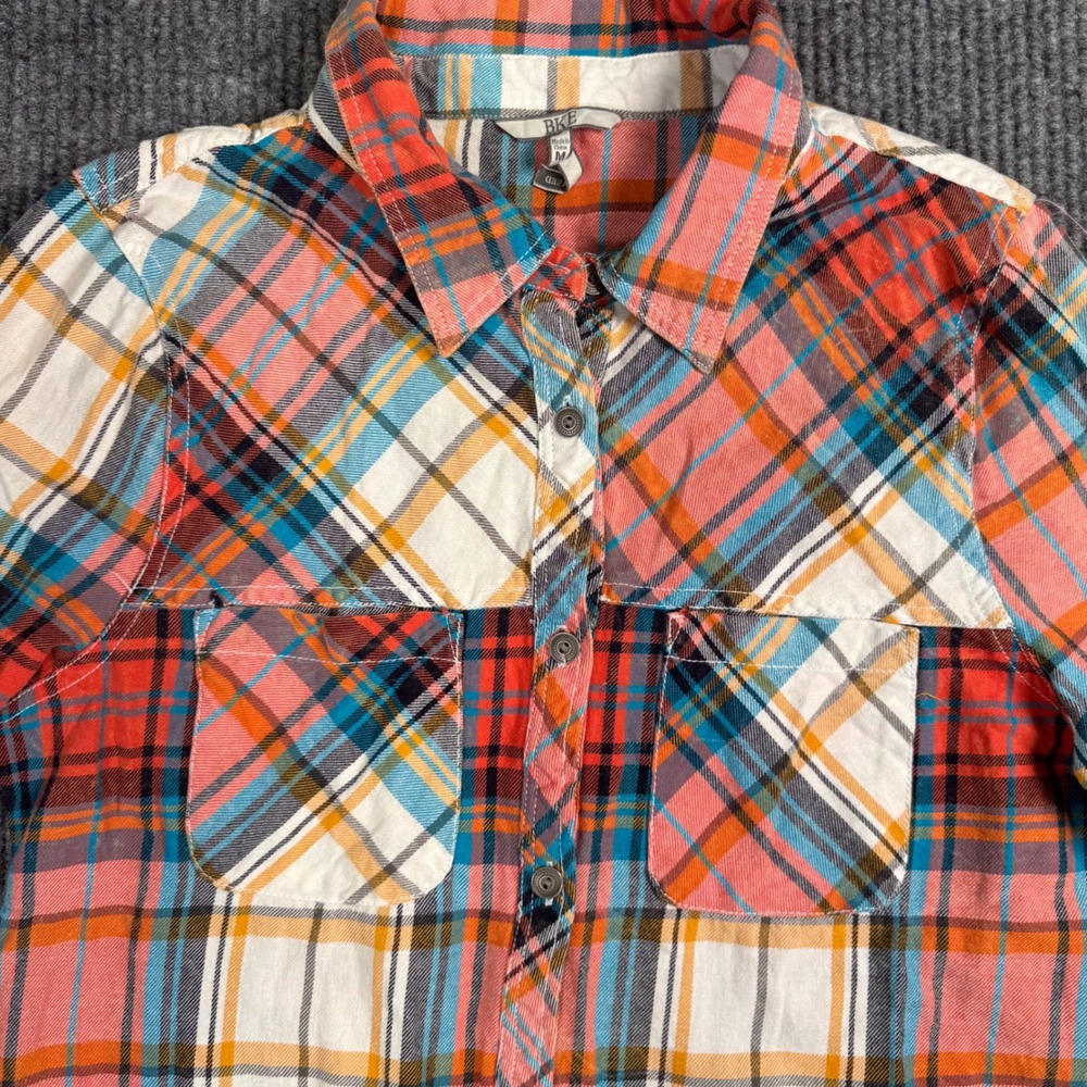 BKE Plaid Shirt Womens M‎ Button Down Coral Turquoise Long Sleeve Western Rodeo